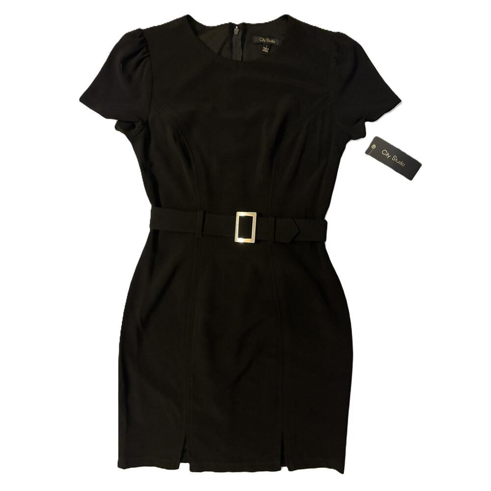 NWT City Studio Y2K Black Mini Dress Short Sleeve Belted Size 1 Crew Neck